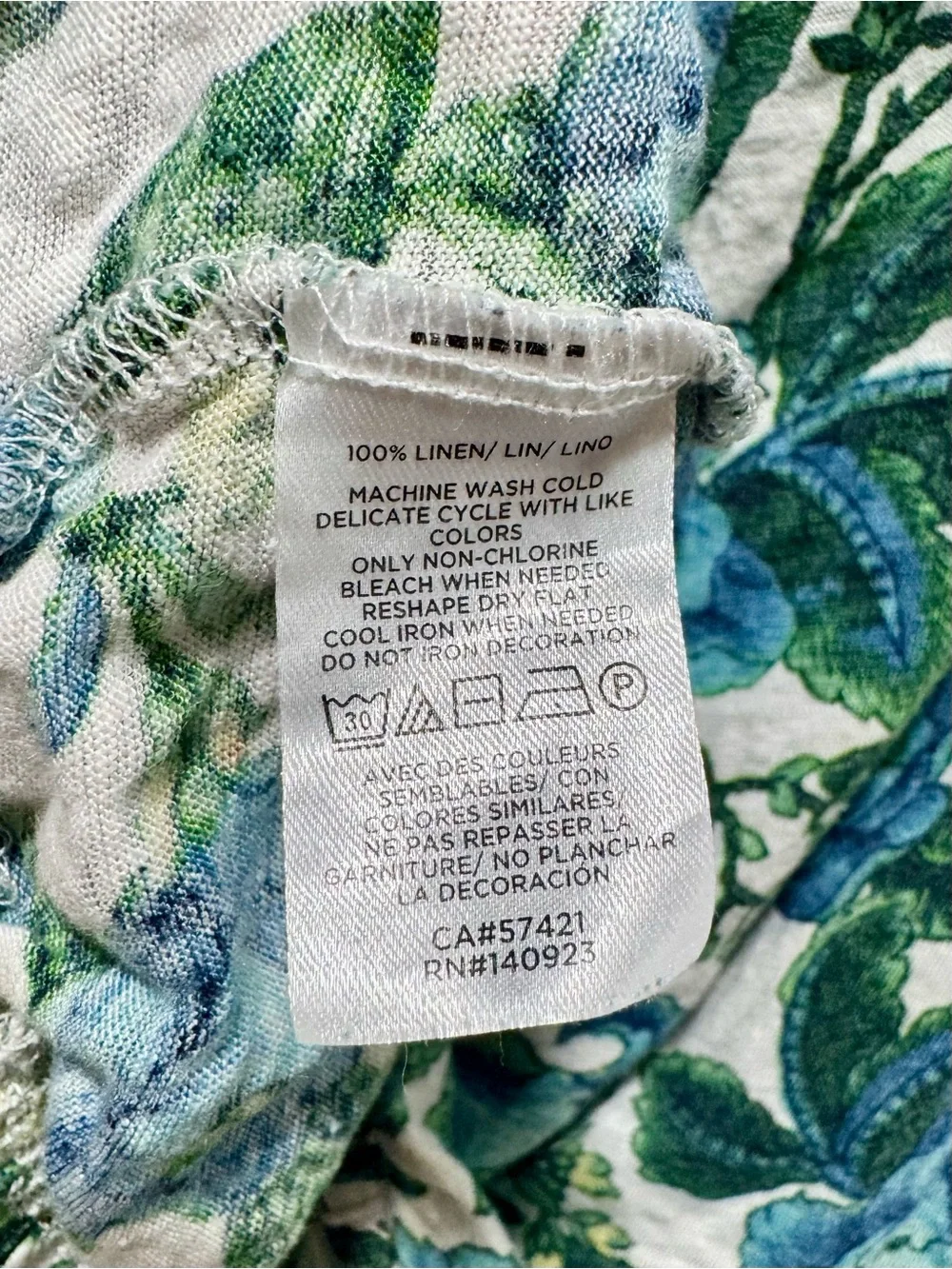 LOFT 100% Linen Blue Green Floral Shirred Puff Sleeve Top Size Small S